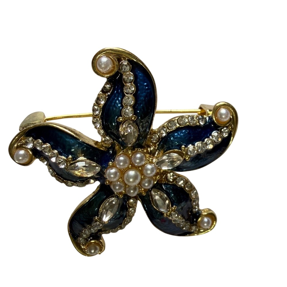 Vtg Starfish Brooch Navy Blue Enamel Rhinestone Faux Pearl Gold Tone Pin Nautica